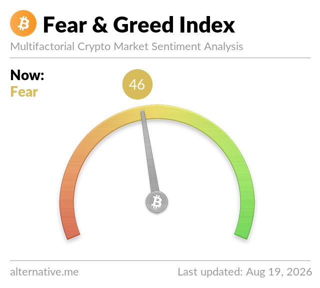 A gauge meter from alternative.me displays the Bitcoin Fear & Greed Index at a current value of 46, labeled as "Fear." The colorful half-circle dial transitions from red on the left to green on the right, with the needle pointing toward the lower-middle yellow zone, confirming the "Fear" sentiment classification for BTC as of August 19, 2026.