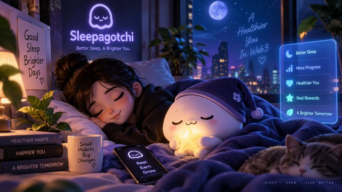 Promotional illustration for 'Sleepagotchi' (tagline: 'Better Sleep. A Brighter You.') showing a girl and a glowing creature sleeping in bed, with a Web3 interface listing Better Sleep, More Progress, Healthier You, Real Rewards, and A Brighter Tomorrow.