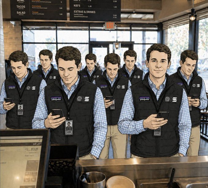 Several identical young men in Patagonia vests stand in a Starbucks, each looking at their phone with menus showing prices like 5.50, 1.50, and 13.50 visible. The image appears to use the uniformity of corporate employees to humorously suggest that Solana's chart is primed for a coordinated bullish breakout, with all "workers" aligned and ready.