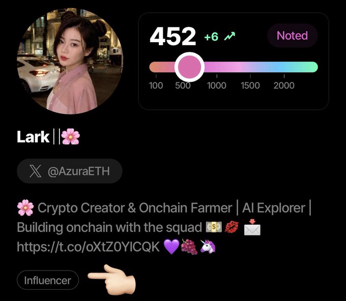 A social media profile for 'Lark' (@AzuraETH) showing a score of 452, described as a 'Crypto Creator & Onchain Farmer | AI Explorer | Building onchain with the squad'.