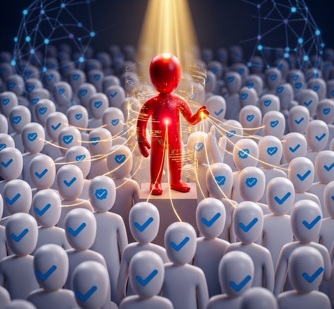 A 3D-rendered red humanoid figure stands on a pedestal under a spotlight, connected by glowing tendrils to a crowd of white figures displaying blue checkmark icons, with a digital network sphere in the background.