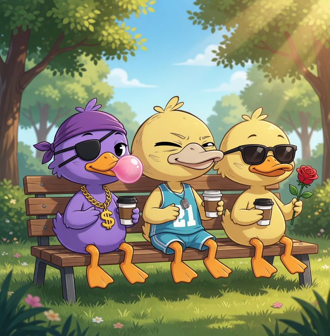 The image features three cartoon ducks sitting together on a bench in a park-like setting with trees around them. The ducks are wearing sunglasses and holding drinks, which include coffee cups. The background of the image includes grass and flowers, creating a pleasant atmosphere for the ducks' gathering spot.