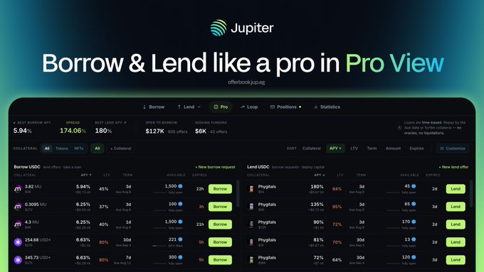 The image is a promotional graphic for Jupiter's "Pro View" feature on offerbook.jupiter.ag, displaying a dark-themed interface with tabs for Borrow, Lend, Pro, Loop, Positions, and Statistics, along with lending metrics like a 5.94% best borrow APY, 174.06% spread, and 180% best lend APY. It showcases organized tables for "Borrow USDC" (showing tickers like jlUSDC, PT-ezETH) with options to take or skip loans, and "Lend USDC" with details on liquidations, loan-to-value, and expiry for each offer. This directly relates to the post by highlighting Jupiter's solution to the user's manual spreadsheet workaround—an automated, comprehensive Pro dashboard for sorting borrow and lend offers by APY efficiently.