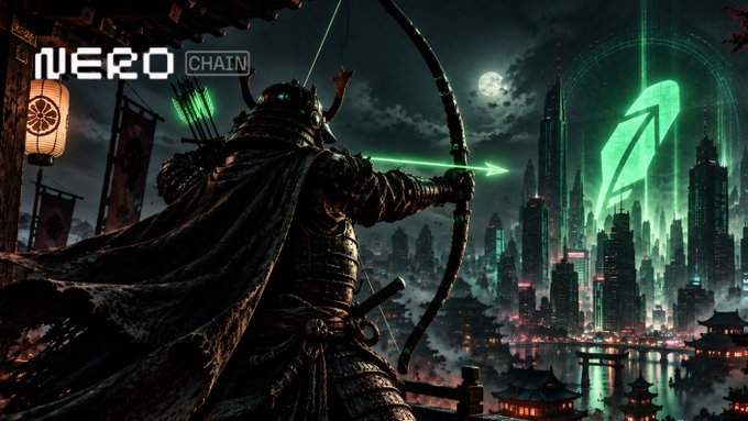 A samurai archer in armor aims a glowing green arrow at a futuristic cyberpunk city skyline under a full moon, with "NERO CHAIN" displayed in the top-left corner.