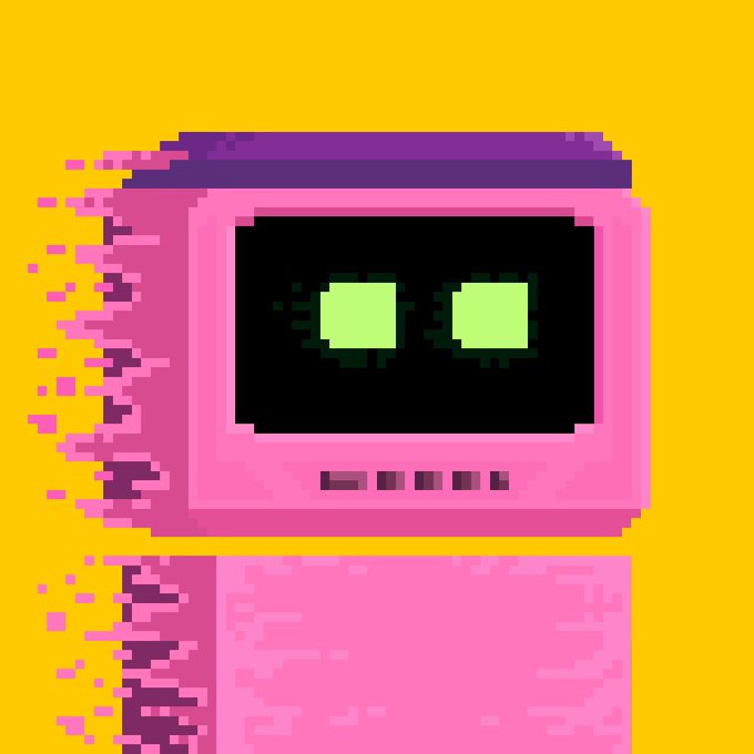 A pixel art illustration of a pink retro-style robot with glowing green square eyes on a black faceplate, set against a bright yellow background, with a glitching digital effect on the left side. The nostalgic 8-bit aesthetic pairs well with the post celebrating Zecvisions' 1/1 NFT collection and the small supply drop on the Zcash blockchain.