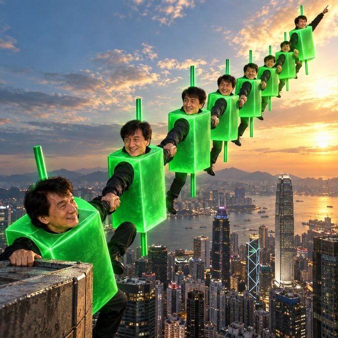 A surreal composite image shows Jackie Chan's head photoshopped onto glowing green 3D candlestick chart figures, stacked in a diagonal line ascending across a Hong Kong skyline at sunset, visually parodying "stonks" market memes and reinforcing the post's claim that "Stonkfun" will win.
