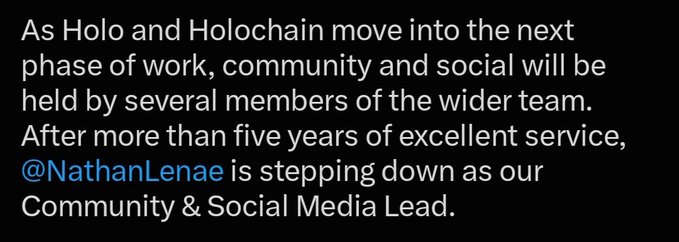 A text announcement stating that @NathanLenae is stepping down as Community & Social Media Lead for Holo and Holochain after more than five years of service.