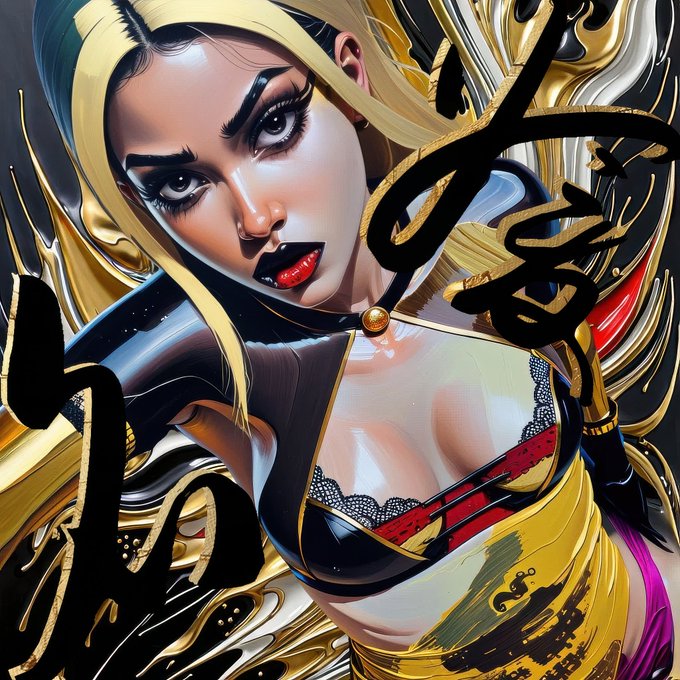 A stylized digital illustration features a glamorous blonde woman with bold makeup and a black outfit, surrounded by gold ornamental accents and abstract calligraphic elements. The artwork visually embodies the post's message that "FAME is sexy" and "$FAME IS MONEY," using the seductive, opulent aesthetic to glamorize the concept of fame as both alluring and lucrative.