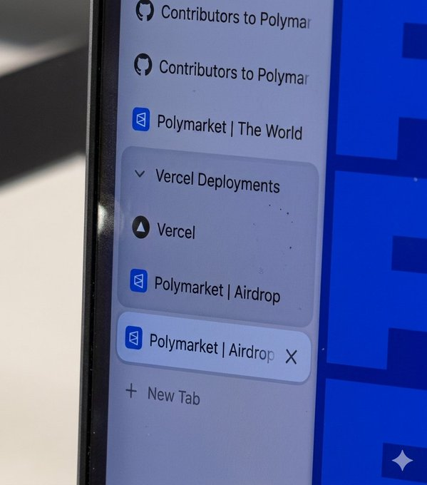 A close-up photo of a computer screen shows a browser tab menu with several tabs related to Polymarket, including "Polymarket | The World," "Polymarket | Airdrop," and references to "Contributors to Polymar" and "Vercel Deployments." The image relates to the post by displaying open Polymarket tabs, visually reinforcing the user's call for the Polymarket $POLY token airdrop directed at Shayne Coplan.