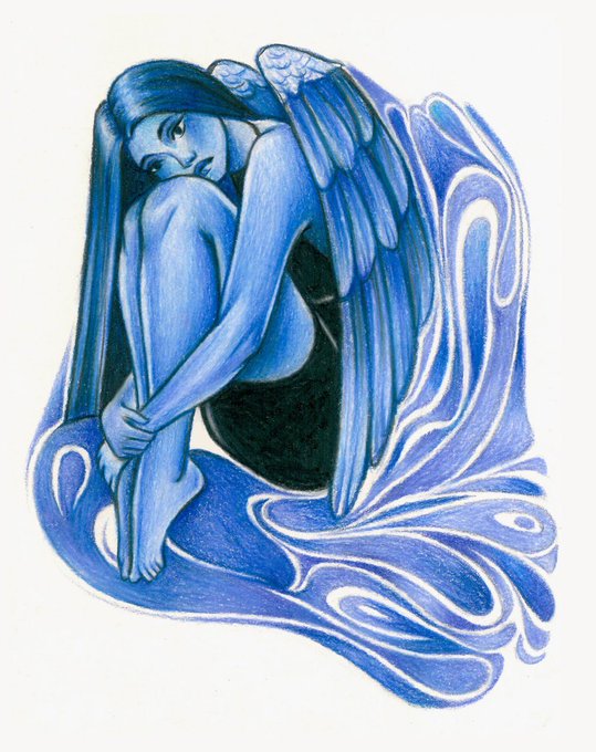An artistic illustration of a blue-skinned, winged figure sitting curled up with their knees to their chest. The drawing features flowing lines and is rendered in various shades of blue.