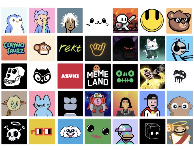 A grid of various internet meme stickers and characters, including "CLAYNO SAURZ", "rekt", "AZUKI", and "MEME LAND".
