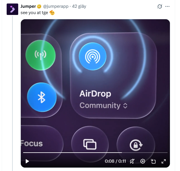The screenshot shows an iOS Control Center with an AirDrop icon highlighted, displaying "AirDrop Community" mode, posted by @jumperapp with the text "see you at tge." The video teases Jumper's upcoming airdrop, likely prioritizing XP holders (active platform users) similar to the project's recent presale allocations.