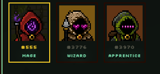 Three pixel-art character portraits labeled '#555 MAGE', '#3776 WIZARD', and '#3970 APPRENTICE', depicting hooded figures holding staffs.