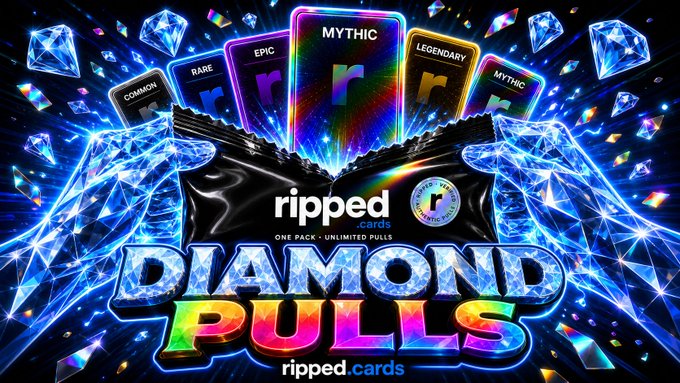 The image features a poster for a card game called "Diamond PULLS", which has a vibrant and colorful design with diamond-shaped illustrations of hands holding up cards, surrounded by rainbow colors. The text on the poster reads "Ripped! Diamond Pulls" and "One pack of unique diamonds". This suggests that the card game is designed to be visually appealing and engaging for players while also promoting the use of unique and rare diamonds as a key element in the gameplay experience.