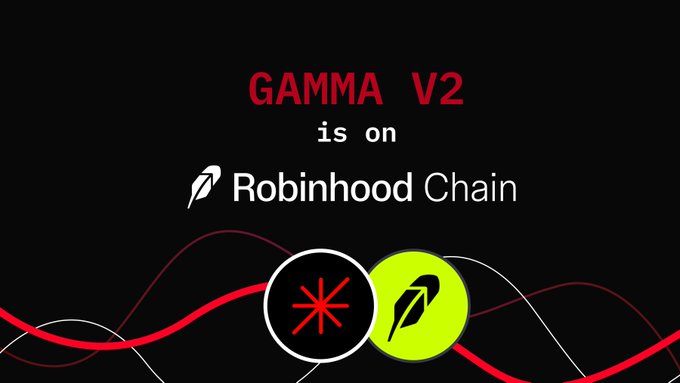 Promotional graphic announcing 'GAMMA V2 is on Robinhood Chain' with stylized red and green logos.