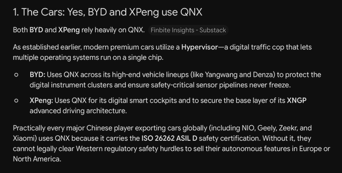 The image features a text box with several bullet points discussing various stocks related to China companies such as BYD (Autonomy & Robotics), XPeng (Xinghua), Nio (Nehemia), Xiaomi (Motorola), Unitree, and Blackberry QNX. These companies are known for their products and services in the Chinese market. The text box also mentions "Xenig" as another company that uses a similar technology platform. The context of this image suggests an article discussing different Chinese tech stocks and how they might perform in foreign markets based on their technologies and market presence.