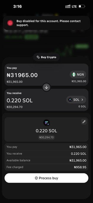 A mobile crypto trading screen shows a purchase of 0.220 SOL for ₦31,965.00 NGN, with a notification stating 'Buy disabled for this account. Please contact support.'
