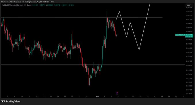 A TradingView chart of the ALGO/USDT perpetual contract on a 4-hour timeframe shows price currently at 0.08870, with a hand-drawn white line illustrating an expected pullback pattern following a recent surge toward the 0.09500 resistance level—aligning with the post noting the anticipated pullback and patience for a better entry.