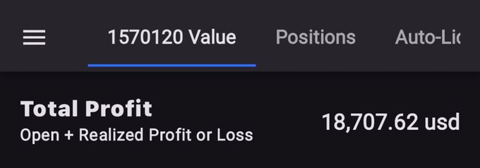 A mobile app screenshot showing a portfolio with 'Total Profit' of '18,707.62 usd' and a value of '1570120' displayed at the top with 'Positions' tab selected.