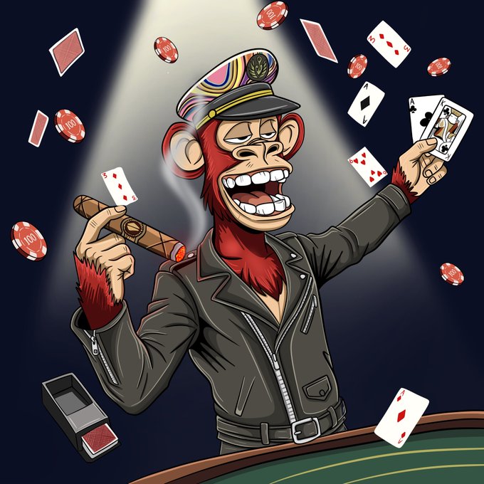An illustration of an animated red monkey character wearing a captain's hat and leather jacket, holding a cigar and playing cards at a casino table with chips and cards flying around.