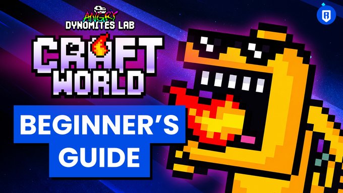 A thumbnail for a 'Angry Dynomites Lab Craft World Beginner's Guide' video, featuring pixel-art graphics of a yellow monster character holding a red object against a purple background.