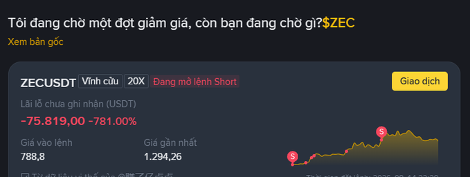 a trading screenshot of $ZEC (ZECUSDT) showing an unrealized PnL of -75,819.00 (-781.00%) with entry price 788.8 and recent price 1,294.26 on the Vĩnh cửu 20X contract