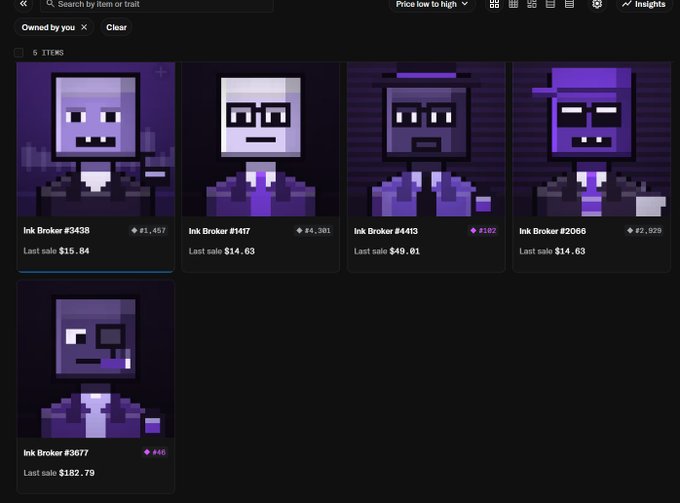A screenshot of an NFT marketplace showing five pixel-art 'Ink Broker' characters with prices ranging from $14.63 to $182.79 and various last sale values.
