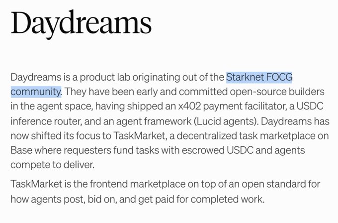 A text excerpt about 'Daydreams', a product lab from the Starknet FOCG community that built an x402 payment facilitator and now focuses on TaskMarket, a decentralized task marketplace on Base.