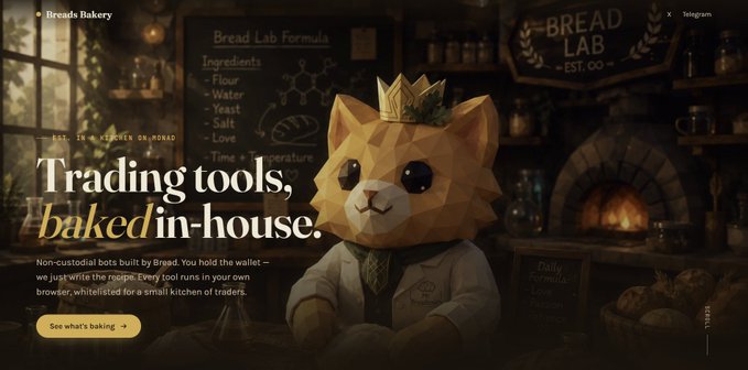 A website header for "Breads Bakery" features a low-poly cat wearing a chef's outfit, with the headline "Trading tools, baked in-house" and a button reading "See what's baking".