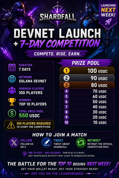 Promotional poster for 'Shardfall' Devnet Launch featuring a 7-day competition on Solana Devnet with a 550 USDC prize pool for top 10 winners, launching next week.