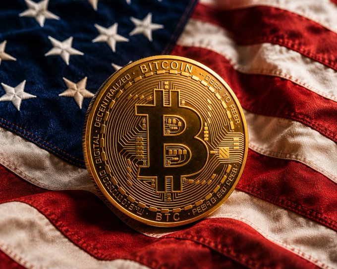 A close-up of a gold Bitcoin coin resting on an American flag, with the inscription "Bitcoin Digital Decentralized Peer to Peer" visible around its edge.