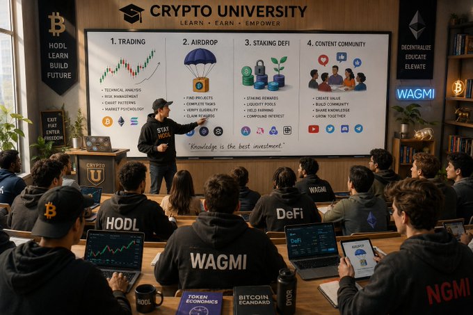 The image shows a classroom setting with a group of people sitting at desks, all wearing hoodies that say "HODL" or "WAGMI", possibly indicating they are students learning about cryptocurrency. The room has a whiteboard on which there is information related to crypto and blockchain technology. A man in the front of the class is giving a presentation, likely discussing the fundamentals of cryptocurrency and its potential applications.
