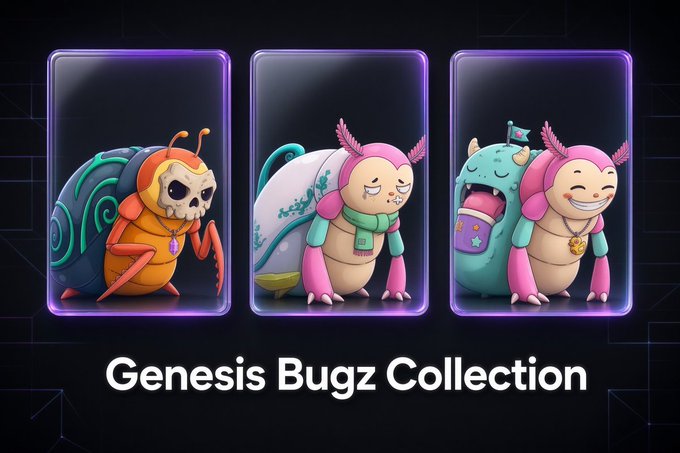 Promotional graphic for 'Genesis Bugz Collection' featuring three cartoon bug characters - a skull-themed snail/bug, a pink axolotl-like creature, and a green monster - displayed in purple frames.