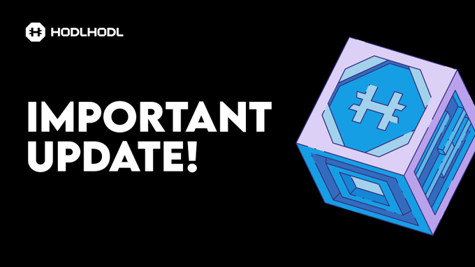 A black promotional graphic with 'HODLHODL' logo in the top left and large white text reading 'IMPORTANT UPDATE!' next to a blue and purple stylized hexagonal symbol.