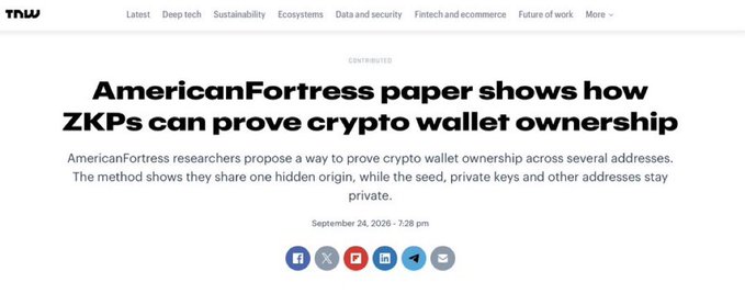 A TNW article headline reads "AmericanFortress paper shows how ZKPs can prove crypto wallet ownership," dated September 24, 2026.