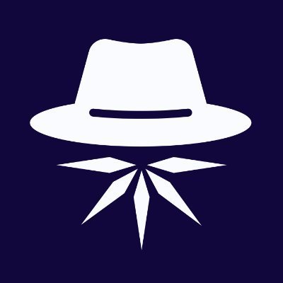 A minimalist white logo depicting a fedora hat with an eye mask and jagged collar beneath it, set against a dark blue background.
