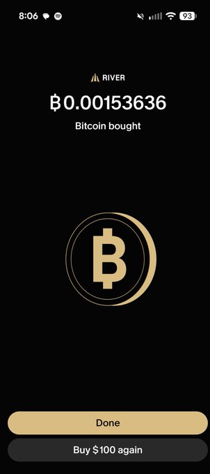 A screenshot of the River app showing a successful Bitcoin purchase for ₿0.00153636 with a large golden Bitcoin logo on a black background, featuring 'Done' and 'Buy $100 again' buttons.