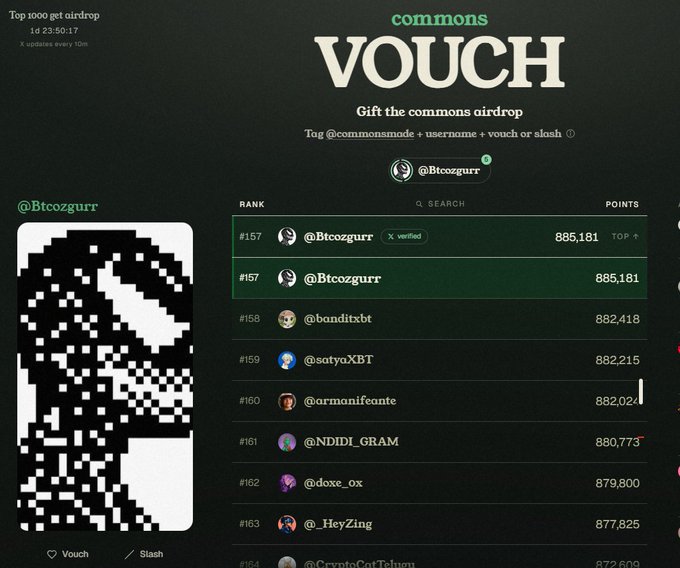 A crypto airdrop leaderboard titled 'commons VOUCH' shows user @Btcozgurr ranked #157 with 885,181 points and a verified badge.