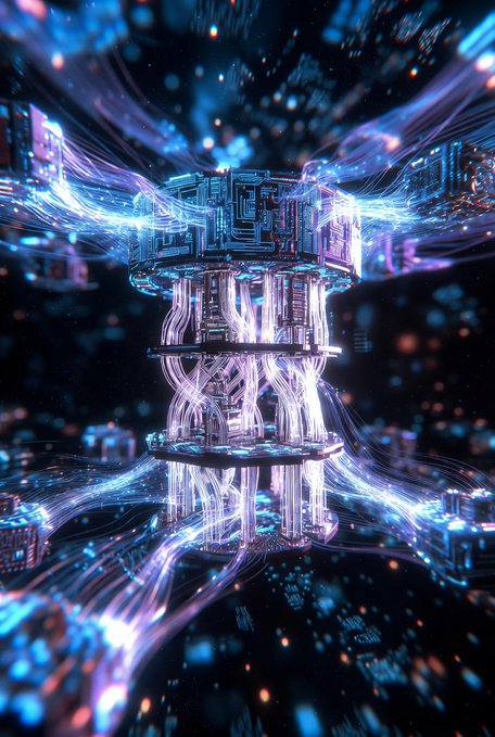A vibrant, stylized digital artwork depicting a glowing, futuristic cylindrical server or data structure surrounded by luminous, flowing data streams and particles.