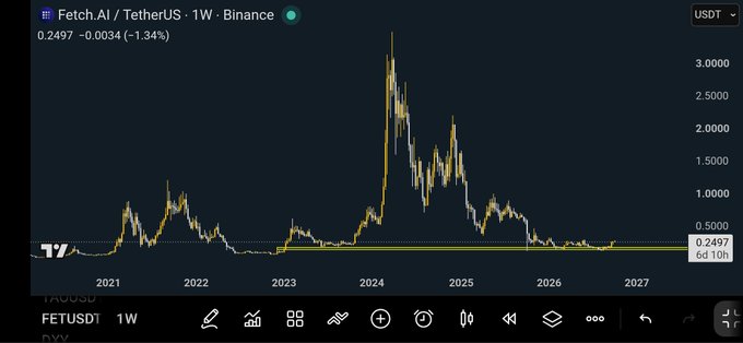 A weekly candlestick chart from Binance shows Fetch.AI/TetherUS (FETUSDT) at $0.2497, down 1.34% (-$0.0034), with price action ranging from sub-$1 levels through a 2024 spike near $3.50 before collapsing to current lows — visually illustrating a multi-year downtrend after a blow-off top.