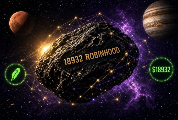 A space-themed digital artwork featuring an asteroid labeled "18932 ROBINHOOD" surrounded by a network of stars, with planets (including Jupiter and a Mars-like planet) in the background, and green circular badges showing a feather/quill icon and "$18932".