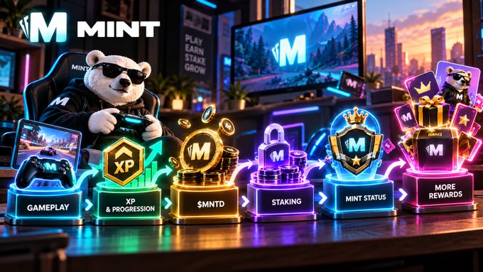 A promotional graphic for "MINT" featuring a polar bear mascot in sunglasses playing video games, with labeled pedestals displaying categories: Gameplay, XP & Progression, $MNTD, Staking, Mint Status, and More Rewards.