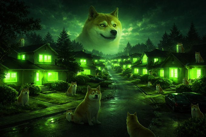 A surreal, eerie neighborhood bathed in green light features a giant Doge Shiba Inu head looming over the cloudy sky, while multiple smaller Doge dogs gather on porches, in yards, and along the street. The scene visually embodies the post's message, with the iconic Doge cryptocurrency mascot literally taking over an entire suburb.