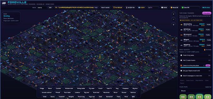 The image shows FomoVille, a 2.5D neon-lit virtual city visualization displaying real-time crypto wallet activity, with "TOP LIVE TRADERS" listed on the right side (#1 casefmraking, #2 pslavzez, #3 grosjampd) showing wallets ranked by volume such as $208.5K, $121.2K, and $141.9K. The interface includes filters for chains including Polygon, Base, and Solana, directly illustrating the gamified trader-tracking experience described in the accompanying post.