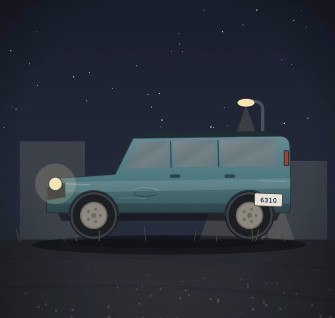 A digital illustration shows a teal SUV with license plate '6310' parked at night, illuminated by a streetlamp against a starry sky.