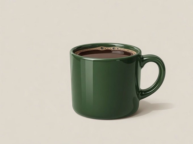 A minimalist product photograph of a glossy dark green ceramic mug filled with black coffee, set against a plain beige background.