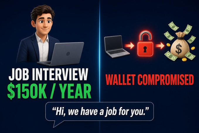 A warning graphic showing a 3D man at a laptop offering 'JOB INTERVIEW $150K / YEAR' contrasted with a laptop, red padlock, and money bag labeled 'WALLET COMPROMISED' with the text 'Hi, we have a job for you.'