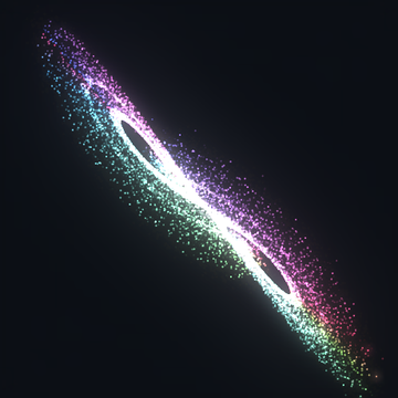 An abstract digital artwork on a black background depicting a colorful stream of particles in green, pink, and purple forming a diagonal shape.
