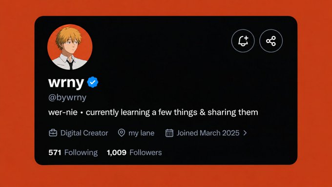 Social media profile card for user 'wrny' (@bywrny), a Digital Creator with the bio 'wer-nie • currently learning a few things & sharing them,' showing 571 following and 1,009 followers, joined March 2025.