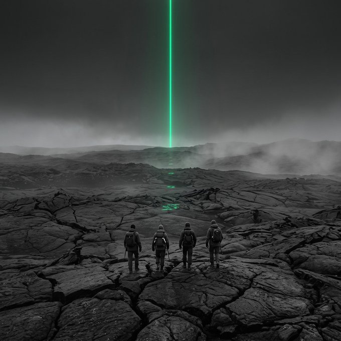 A dark, atmospheric artwork showing four figures with backpacks standing on cracked earth, gazing toward a glowing green laser beam piercing through mist in the distance.